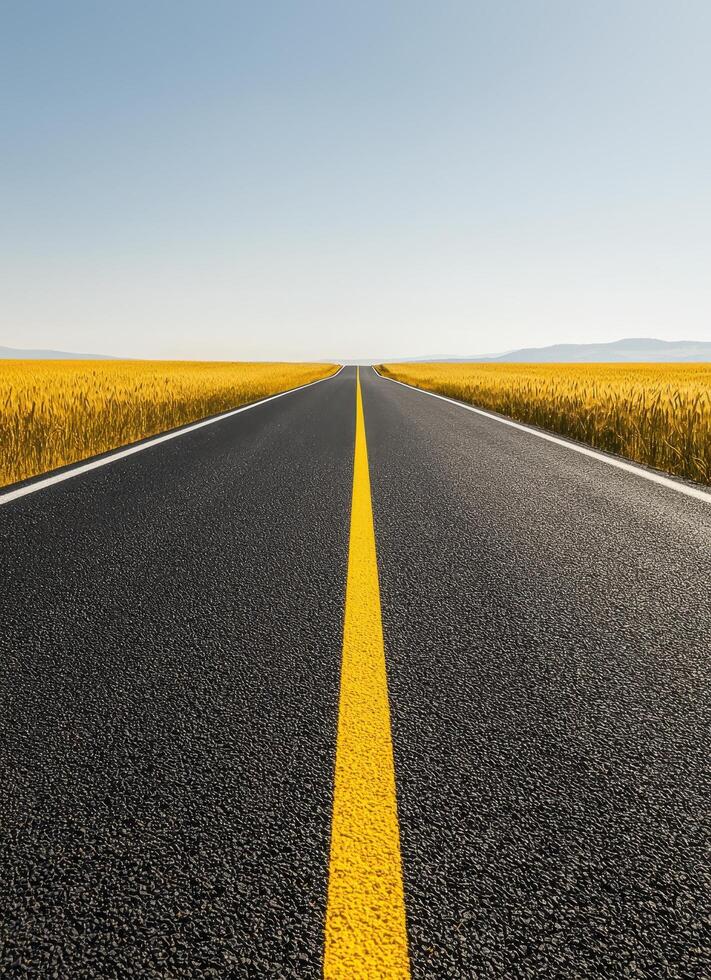 Scenic road journey through golden fields rural landscape photography wide angle tranquil vibes photo
