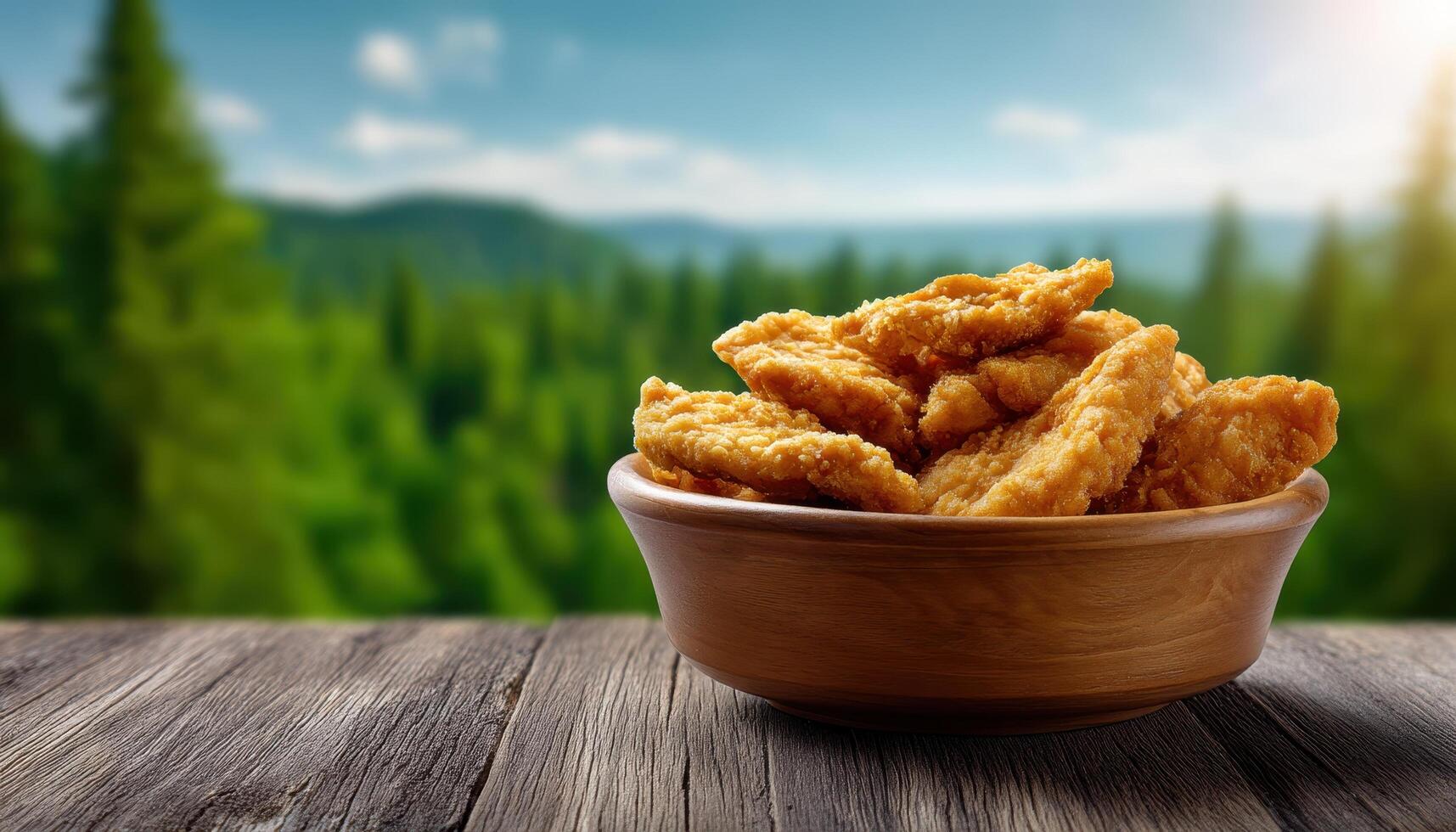 Delicious fried chicken bites in a rustic setting nature background food photography photo