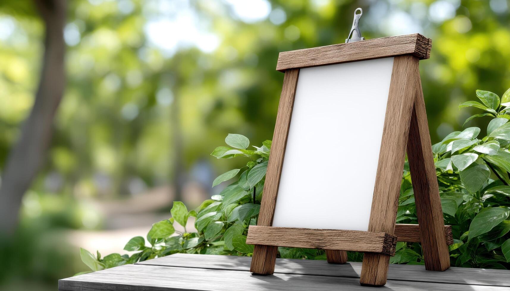 Displaying a blank canvas on a wooden easel amidst a lush green garden photo