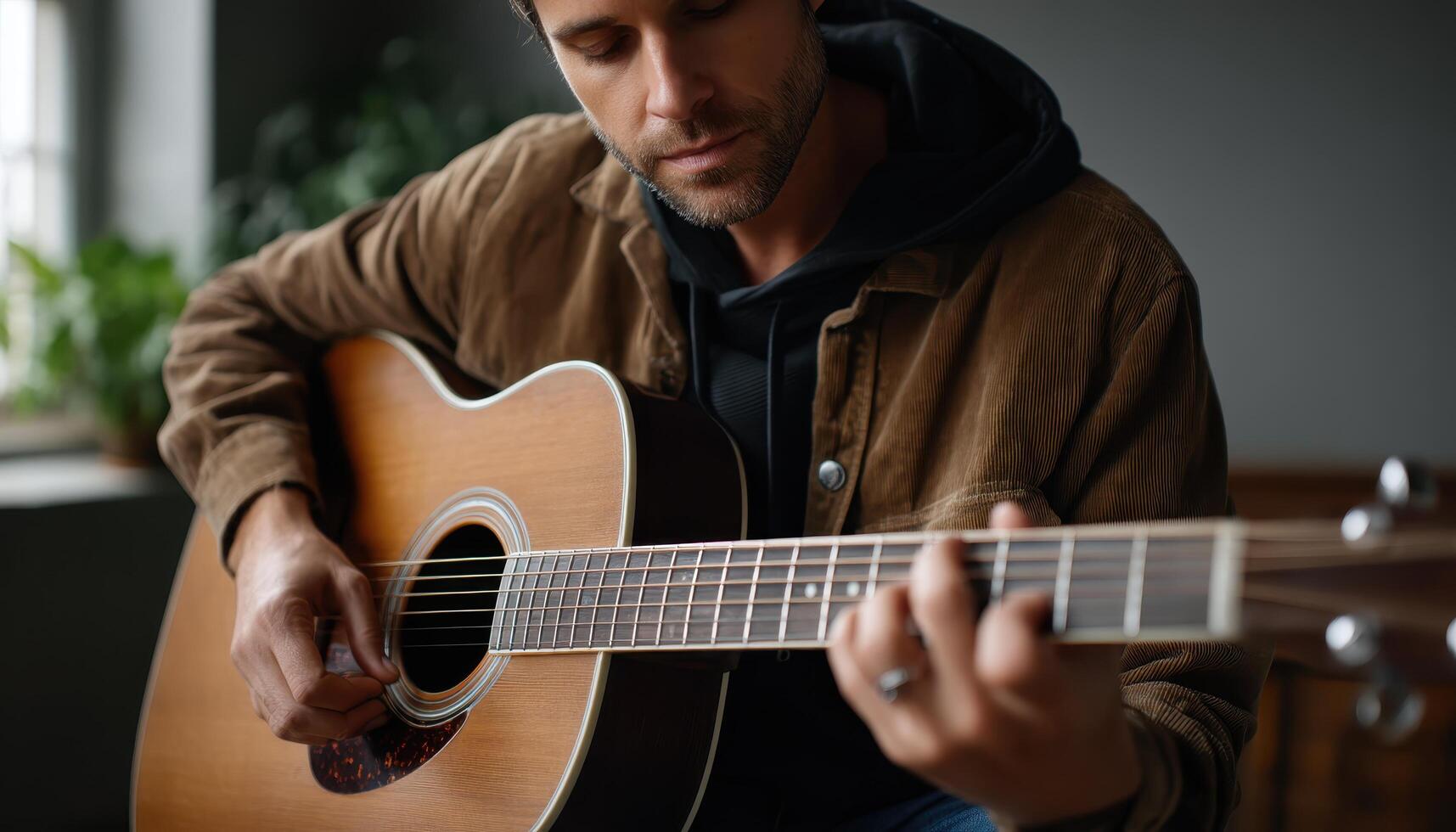 Strumming acoustic melodies cozy room music performance intimate setting close-up view creative expression photo