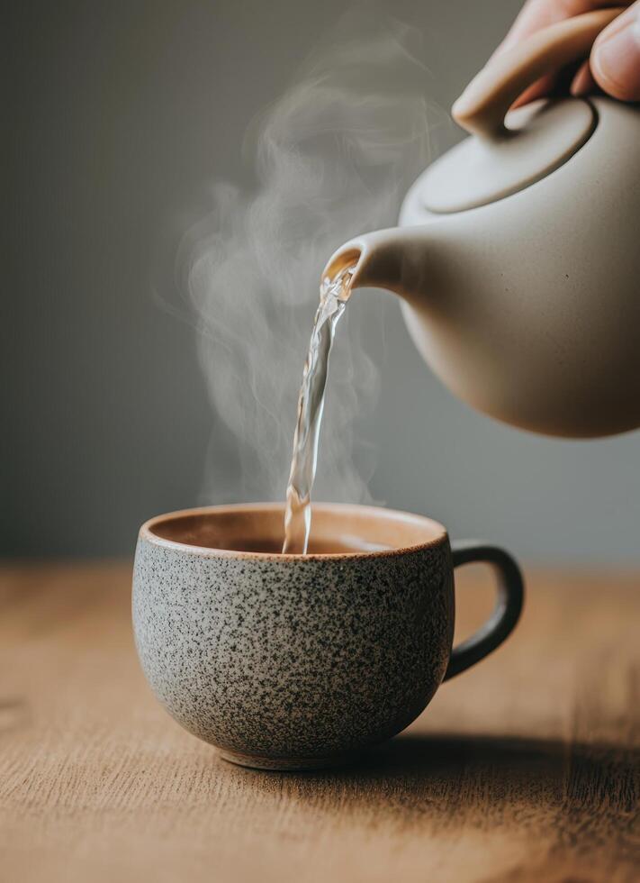 Pouring hot tea into a cozy mug home setting lifestyle photography minimalist aesthetic photo