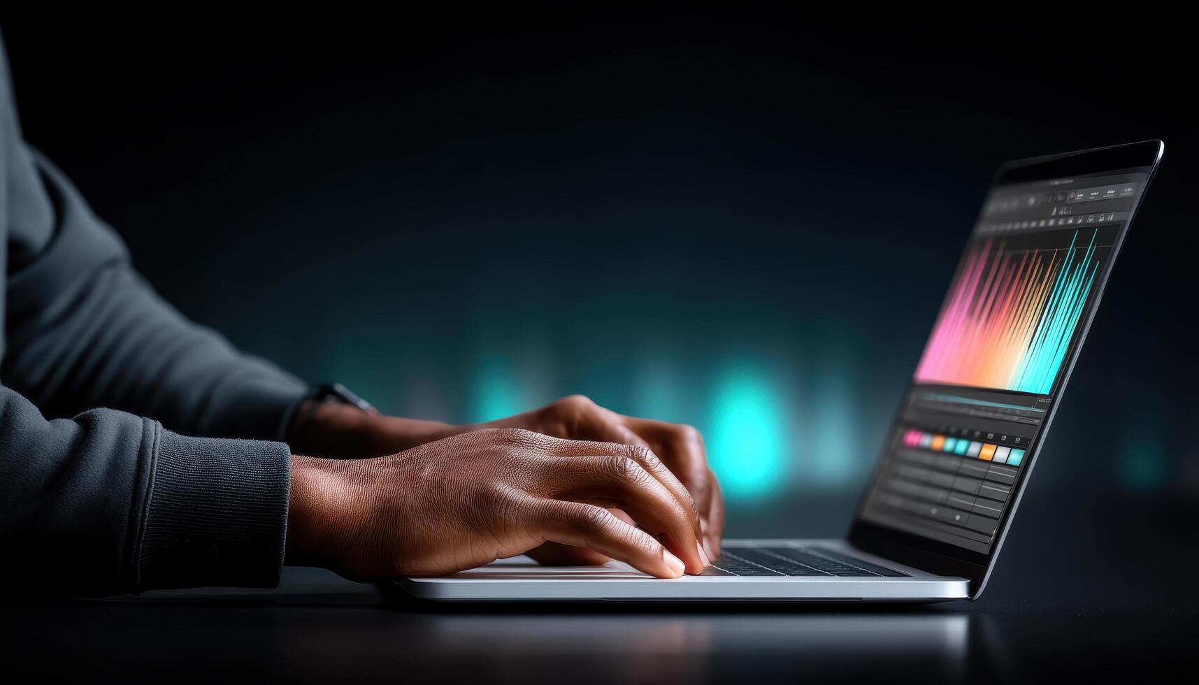Editing audio visuals on laptop home office digital workspace low light creative process photo