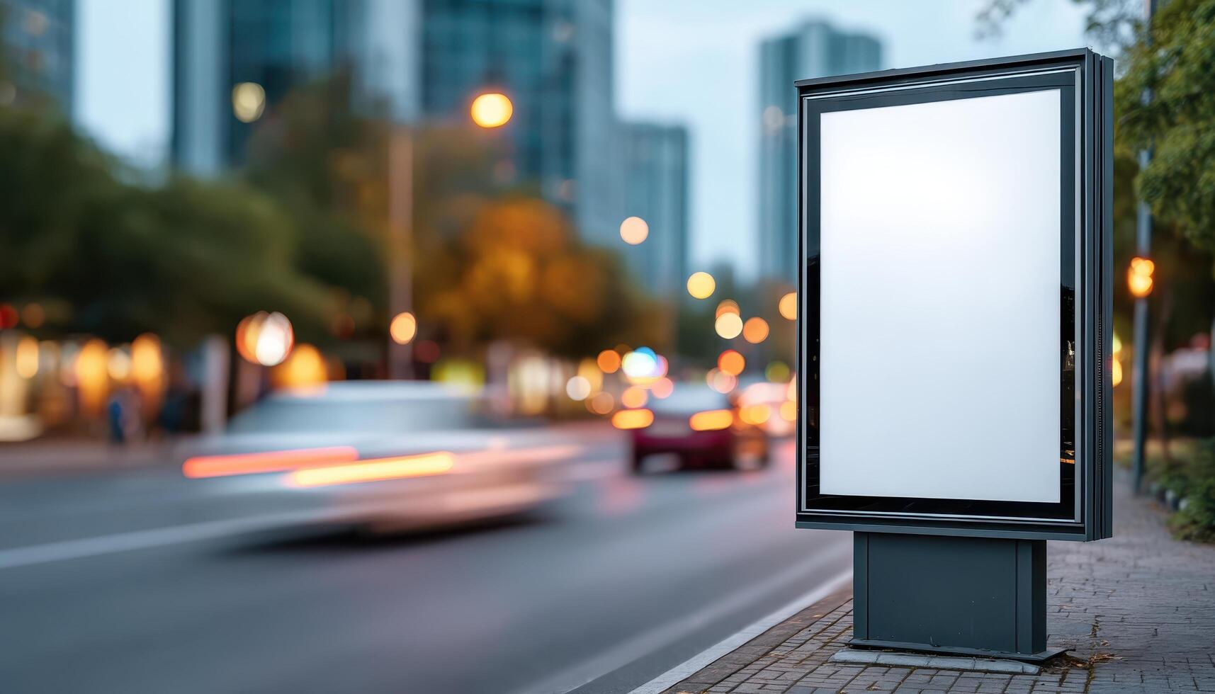 Urban advertising context blank billboards on busy street at dusk city life dynamic motion photo