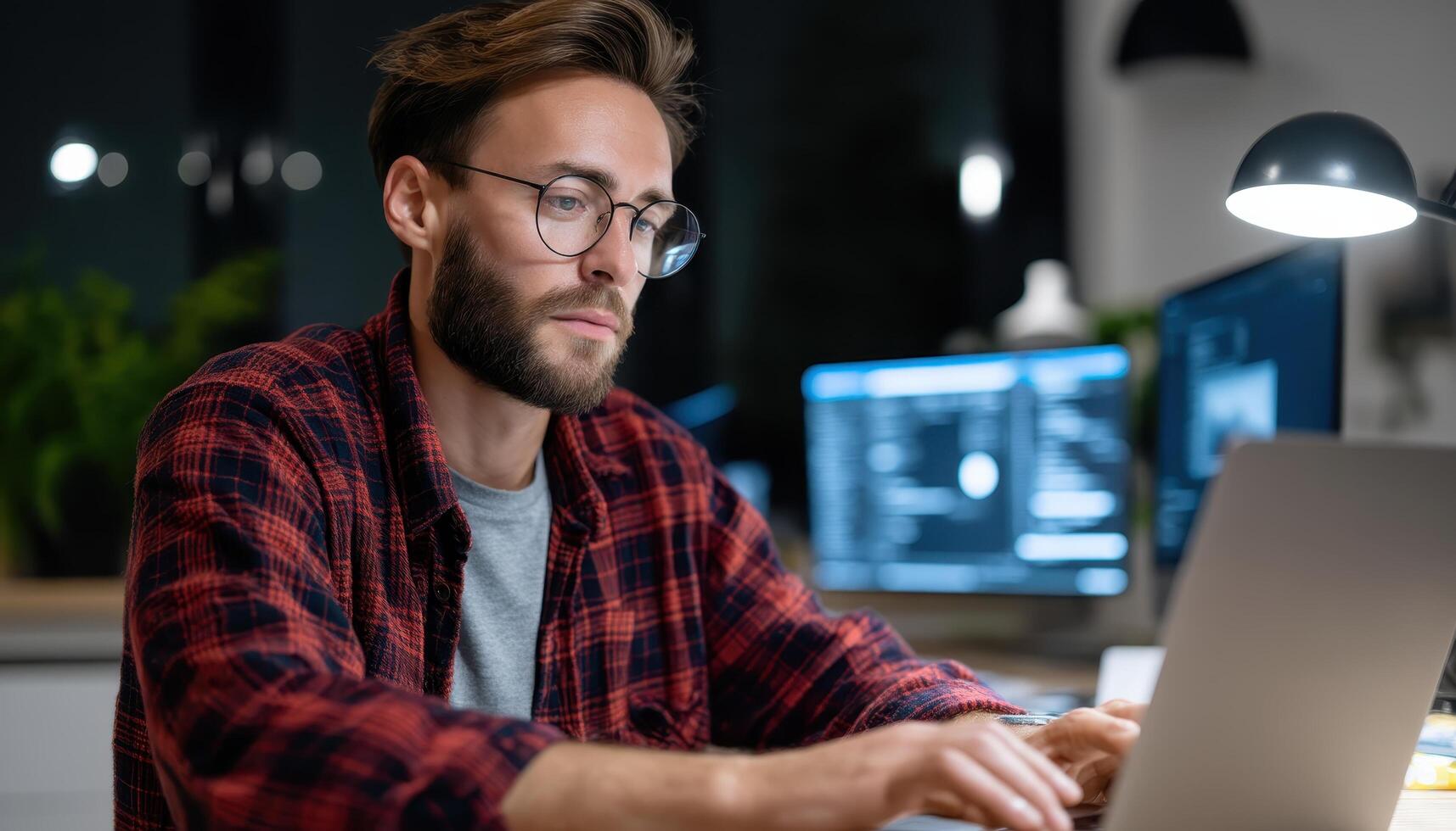 Focused programmer working late at night home office digital workspace modern environment introspective concept photo