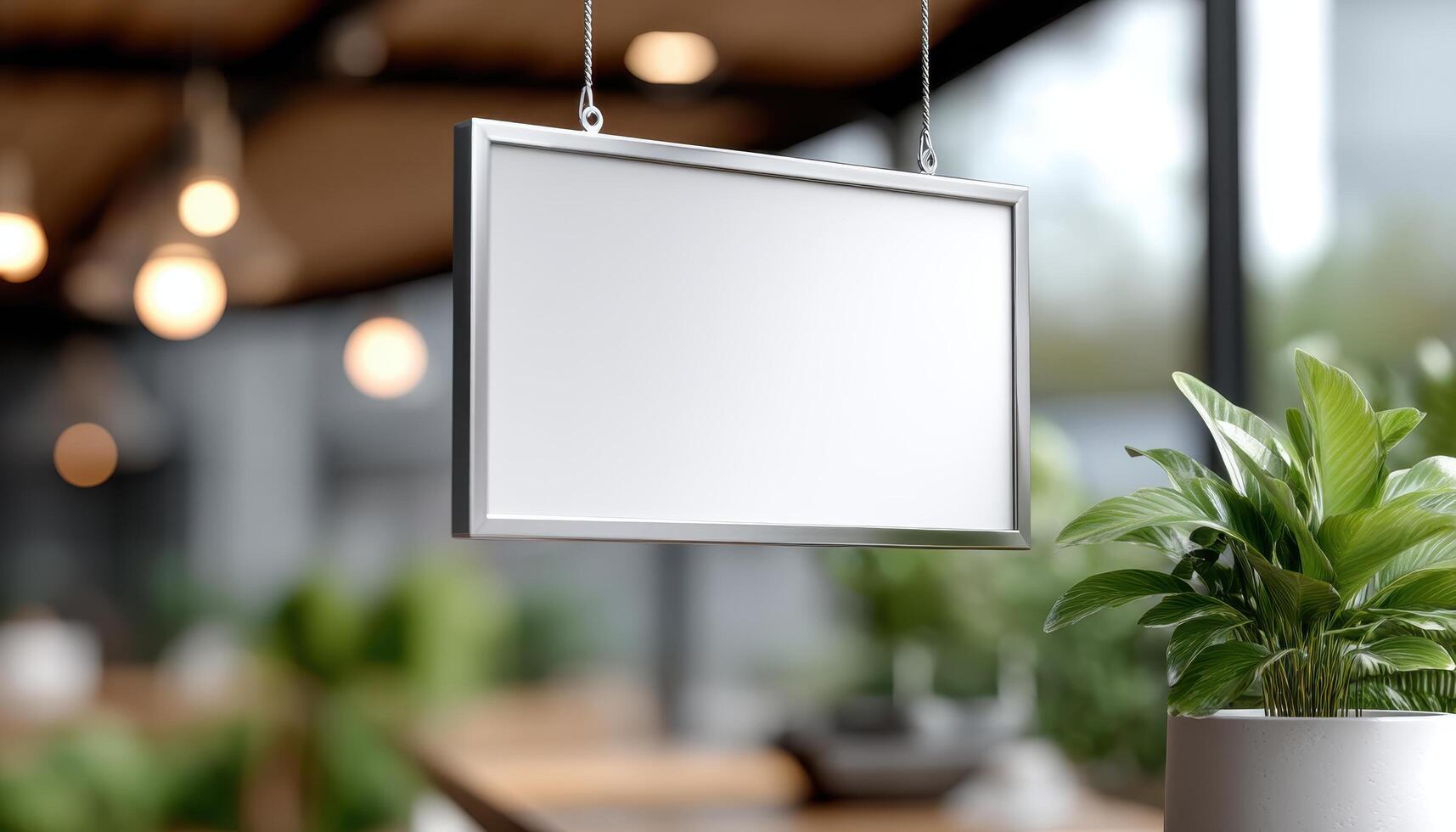 Showcasing blank signage displays in a modern indoor minimalist space with greenery accents for branding opportunities photo