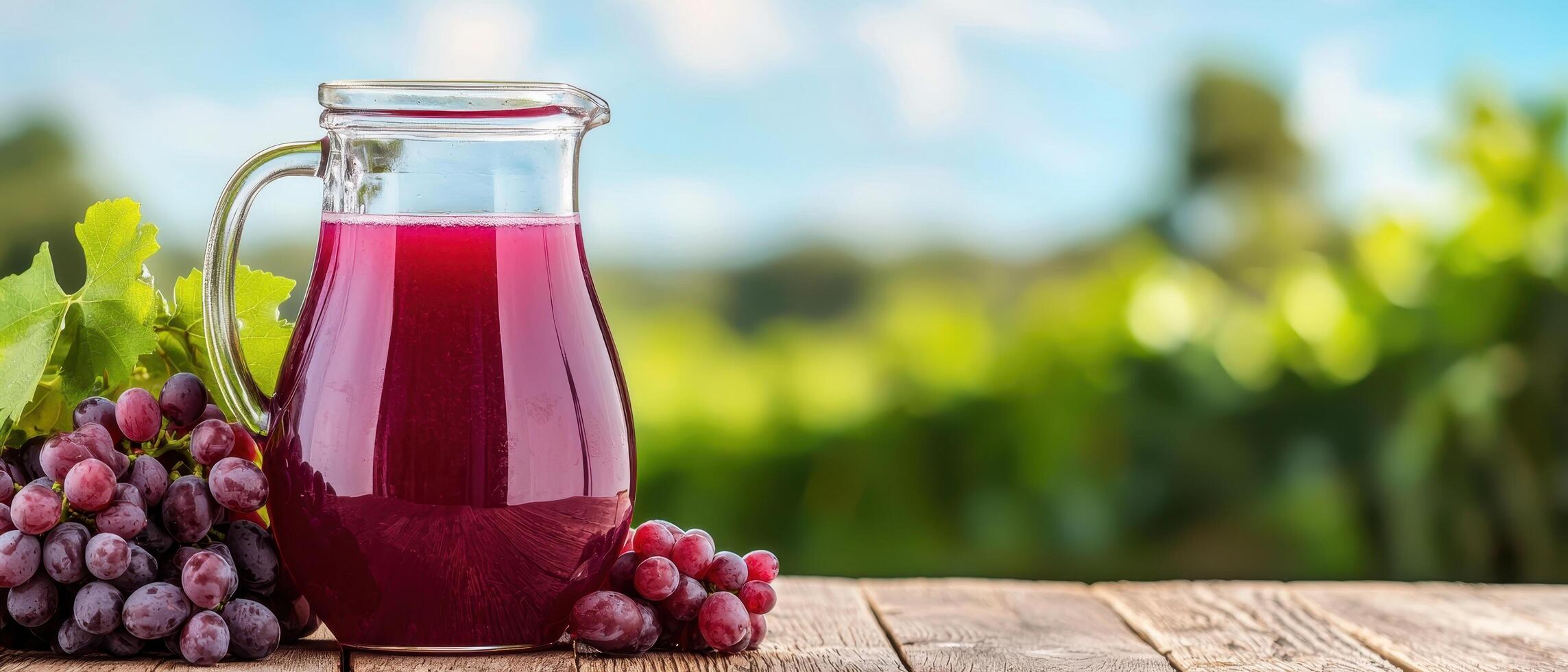 Refreshing grape juice pitcher on wooden table vineyard background beverage photography natural setting photo