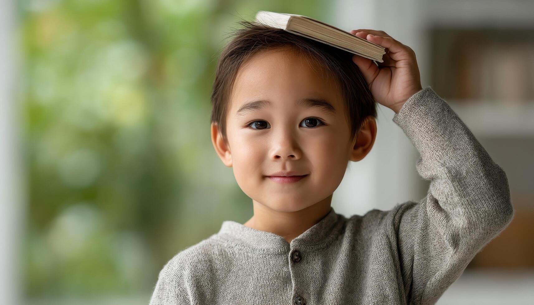 Child balancing book on head in bright indoor setting promoting focus and playfulness photo