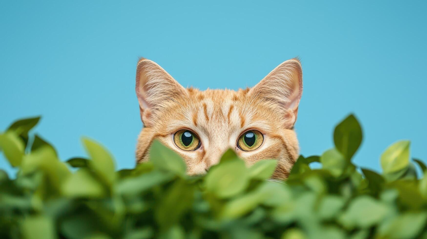 Curious cat peeking through green leaves indoor studio setting animal photography playful environment photo