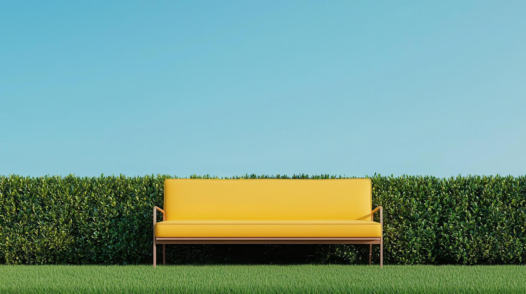 Relaxing yellow sofa surrounded by lush green hedge outdoor garden setting minimalist design photo