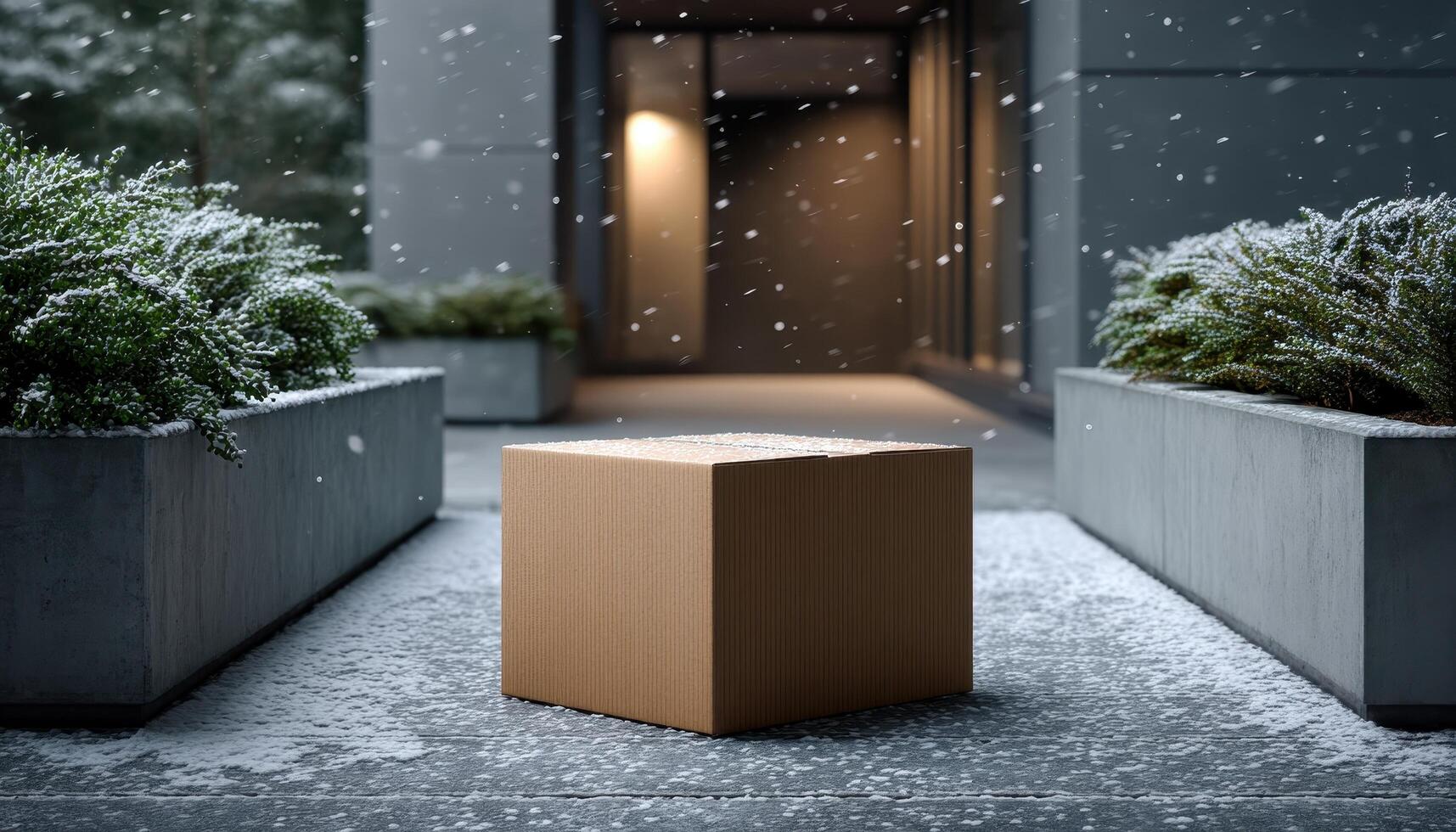 Mysterious package delivery in snowy urban landscape outdoor high angle view minimalist concept photo