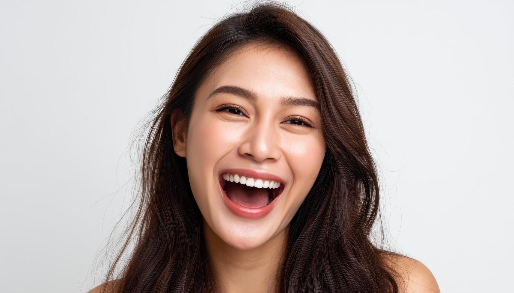 Joyful smiling woman portrait studio photography bright close-up happiness photo