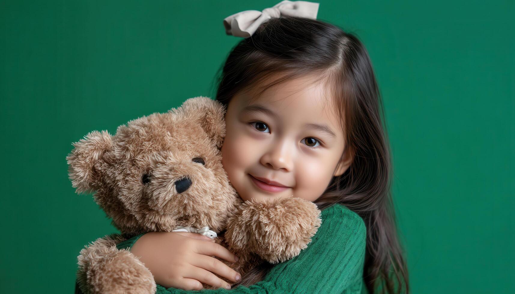 Child embracing teddy bear indoor studio portrait photography green background joyful atmosphere photo