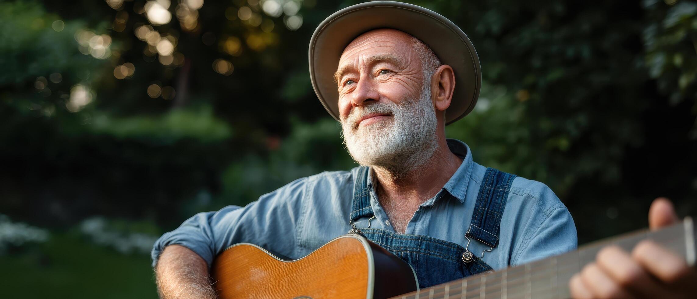 Senior musician playing guitar outdoors park lifestyle portrait natural light intimate vibe photo