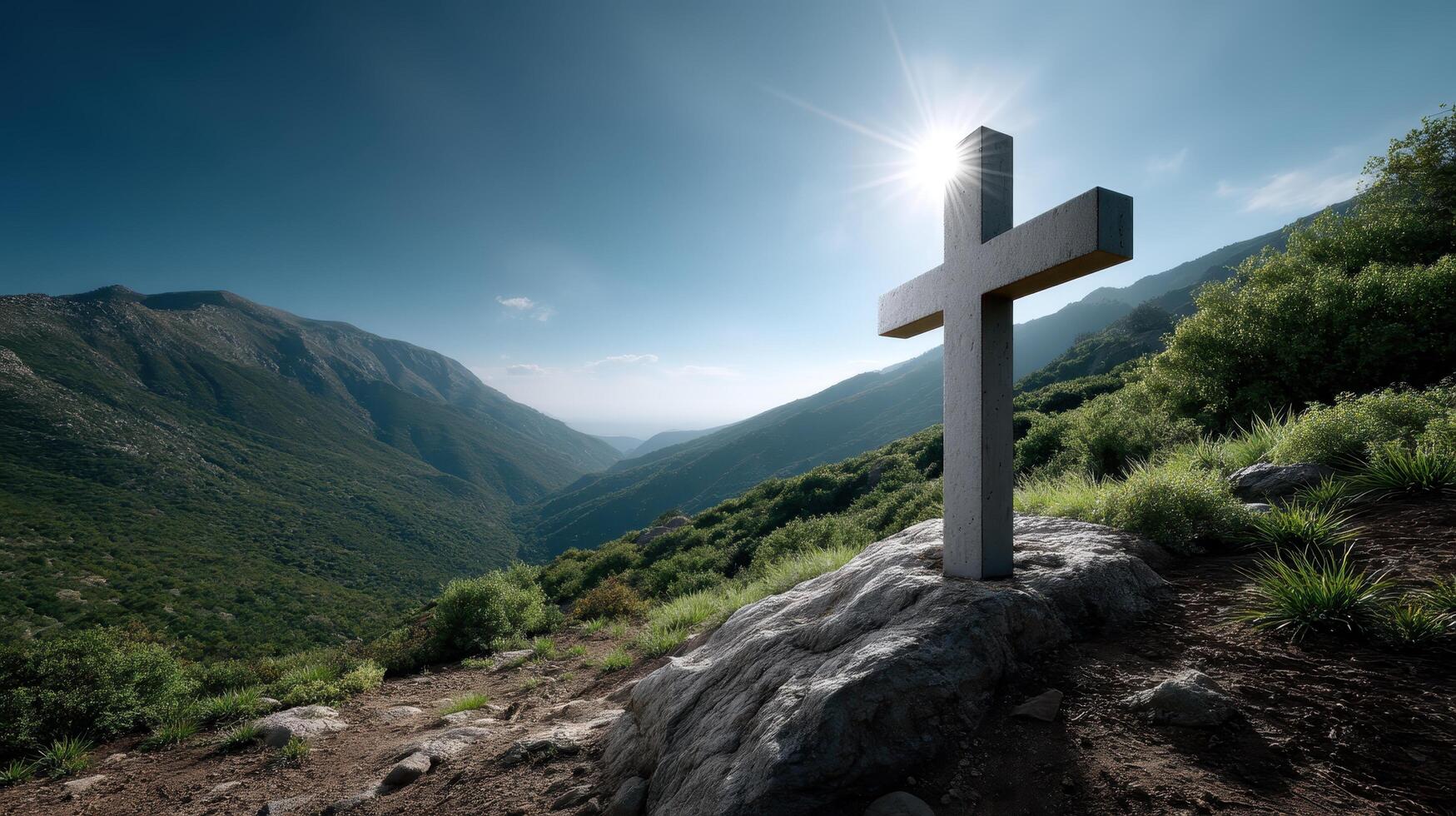 Cross symbolizing faith amidst serene mountain landscape nature photography photo