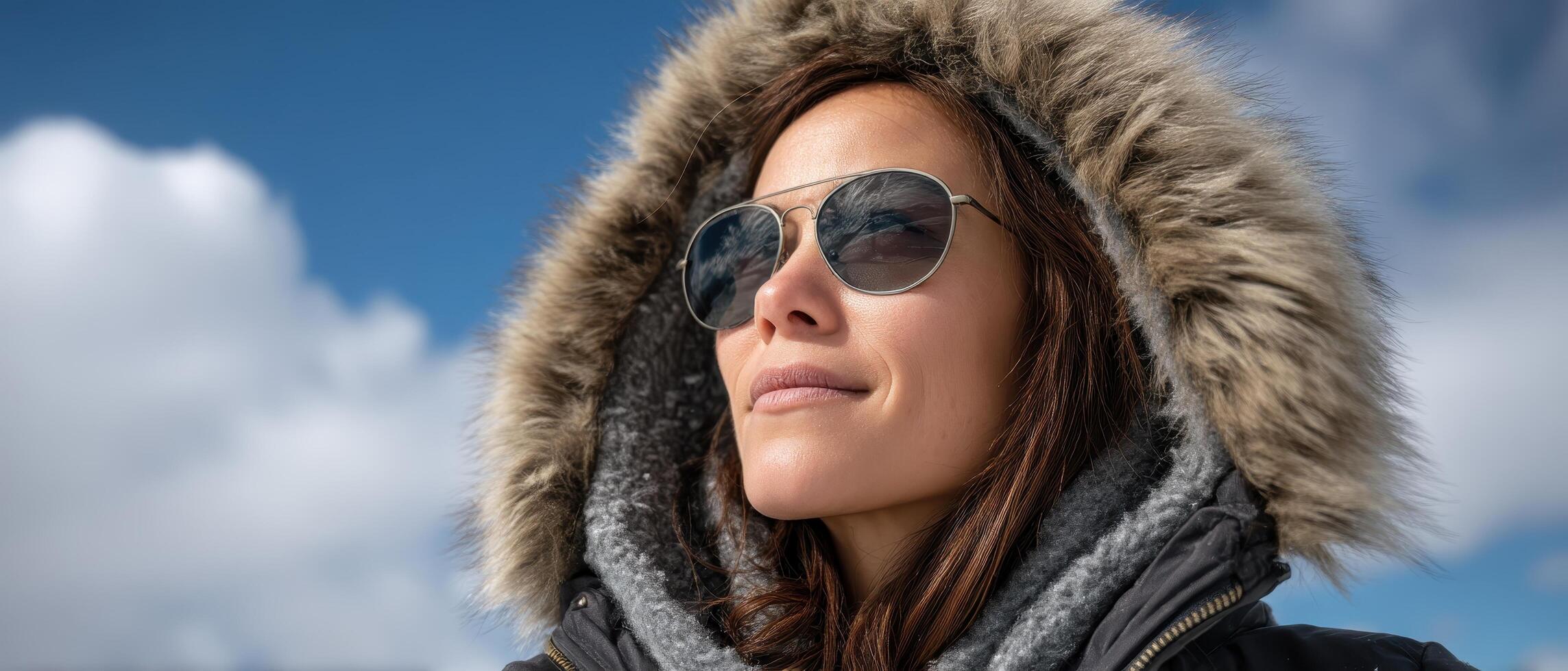 Exploring winter adventures woman in parka gazes at sky snowy landscape outdoor escape photo