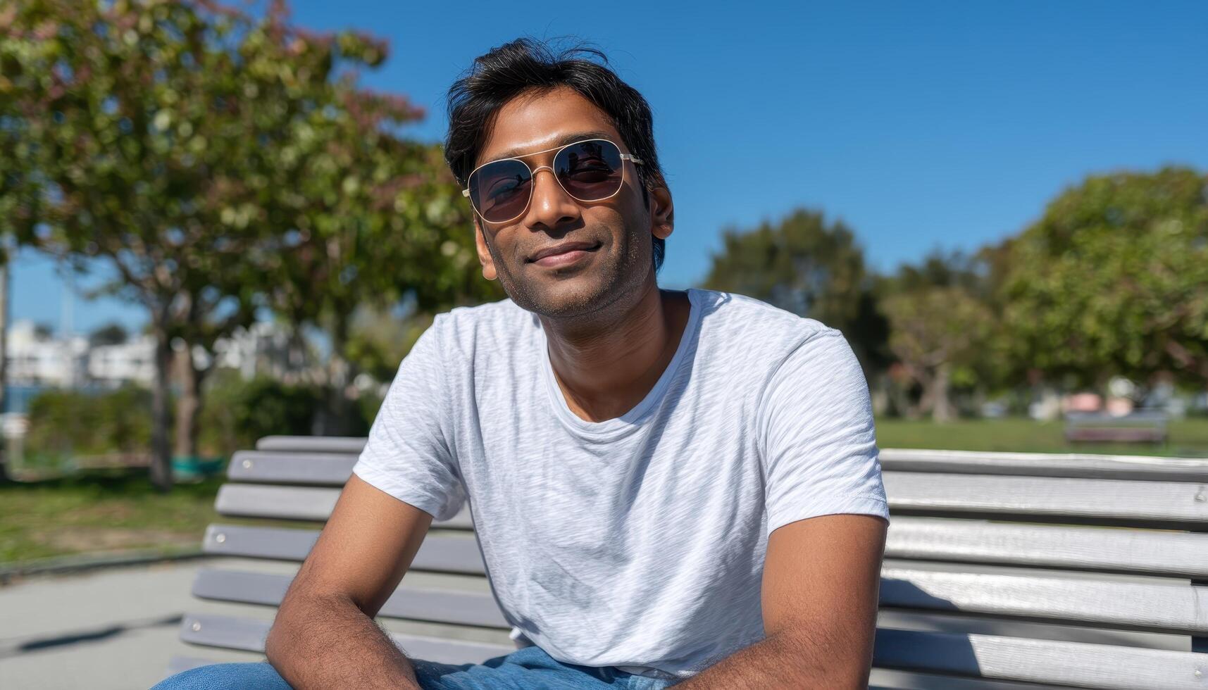 Relaxing portrait of a young man in sunglasses at a park outdoor lifestyle bright day photo