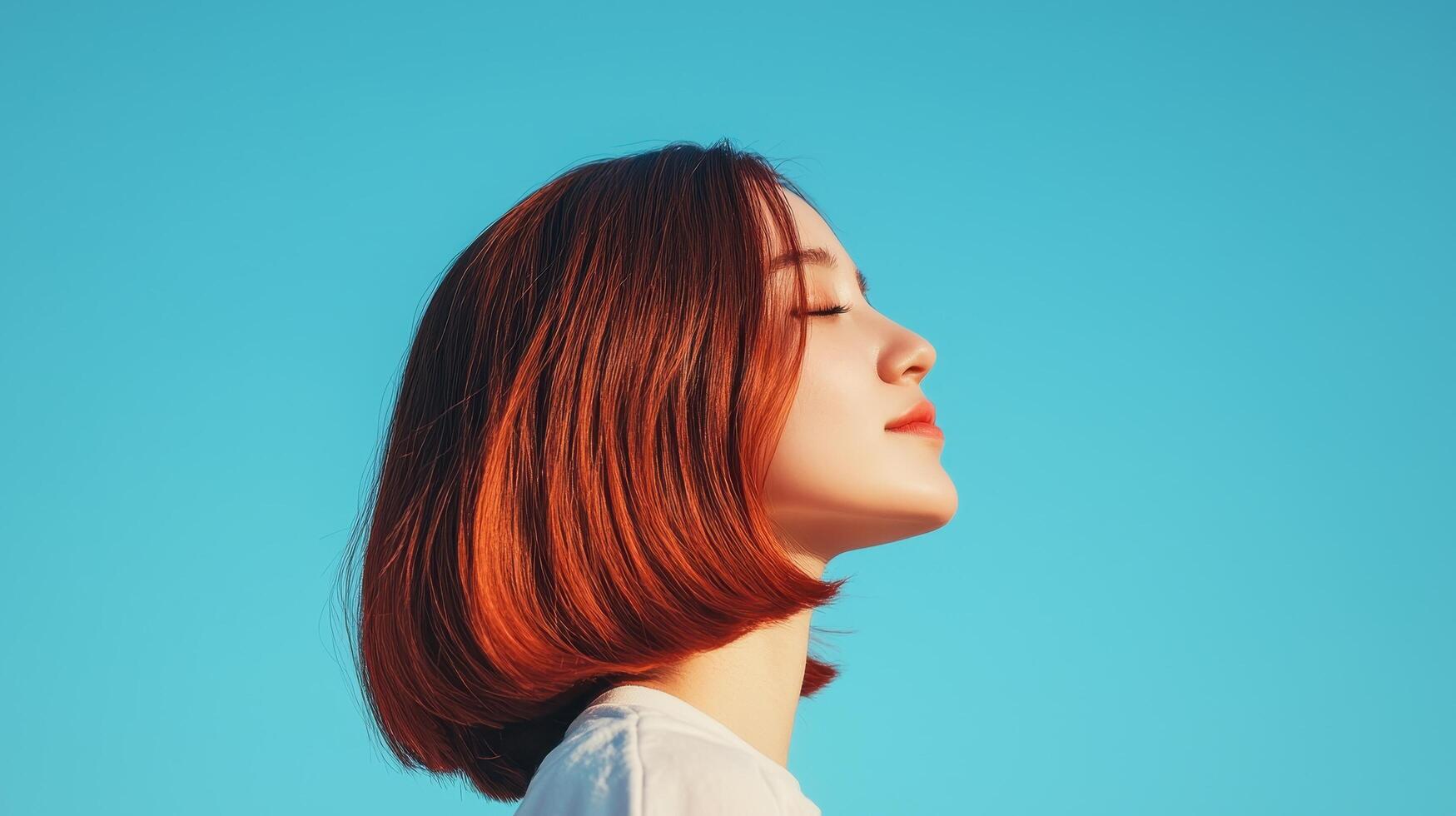 Serene woman enjoying sunlight urban setting portrait bright sky side profile calmness and beauty photo