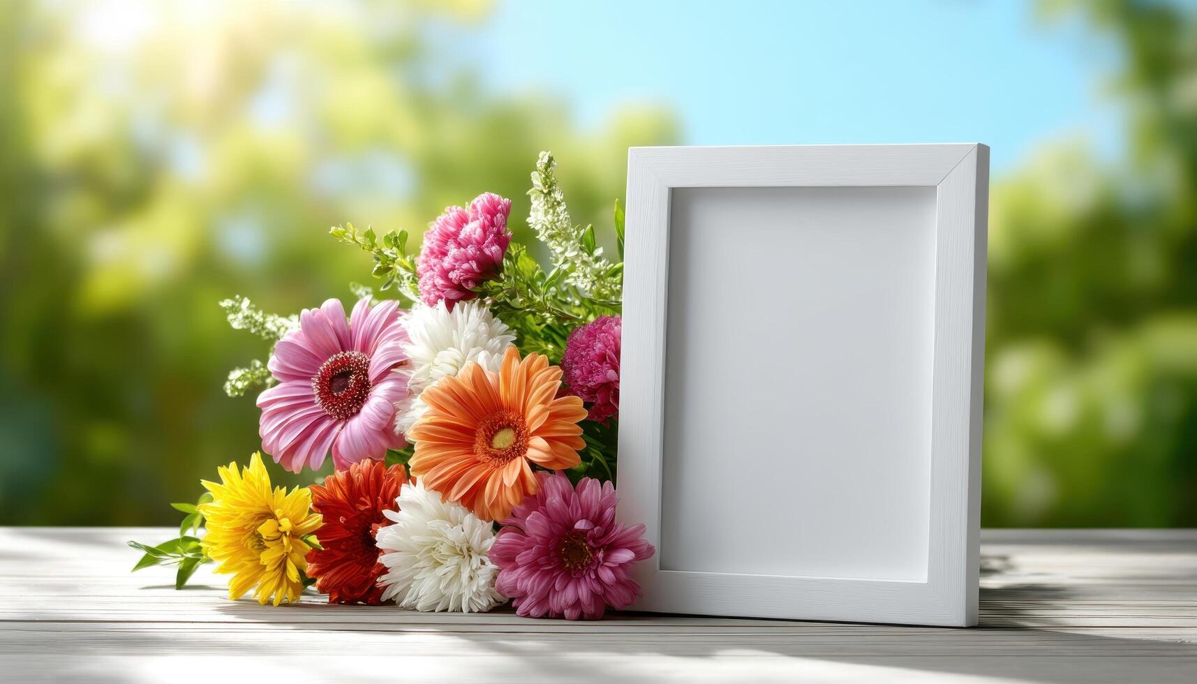 Charming floral arrangement with empty frame outdoor garden photography bright and inviting close-up nature inspiration photo