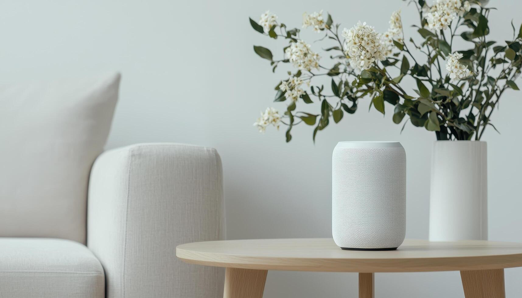 Modern speaker and floral arrangement in minimalist living room home decor calm environment aesthetic view photo