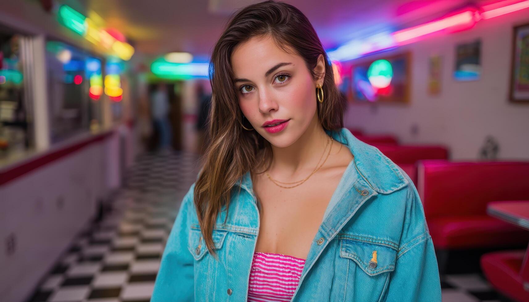 Vibrant portrait of a young woman in a retro diner urban setting photography colorful atmosphere close-up photo