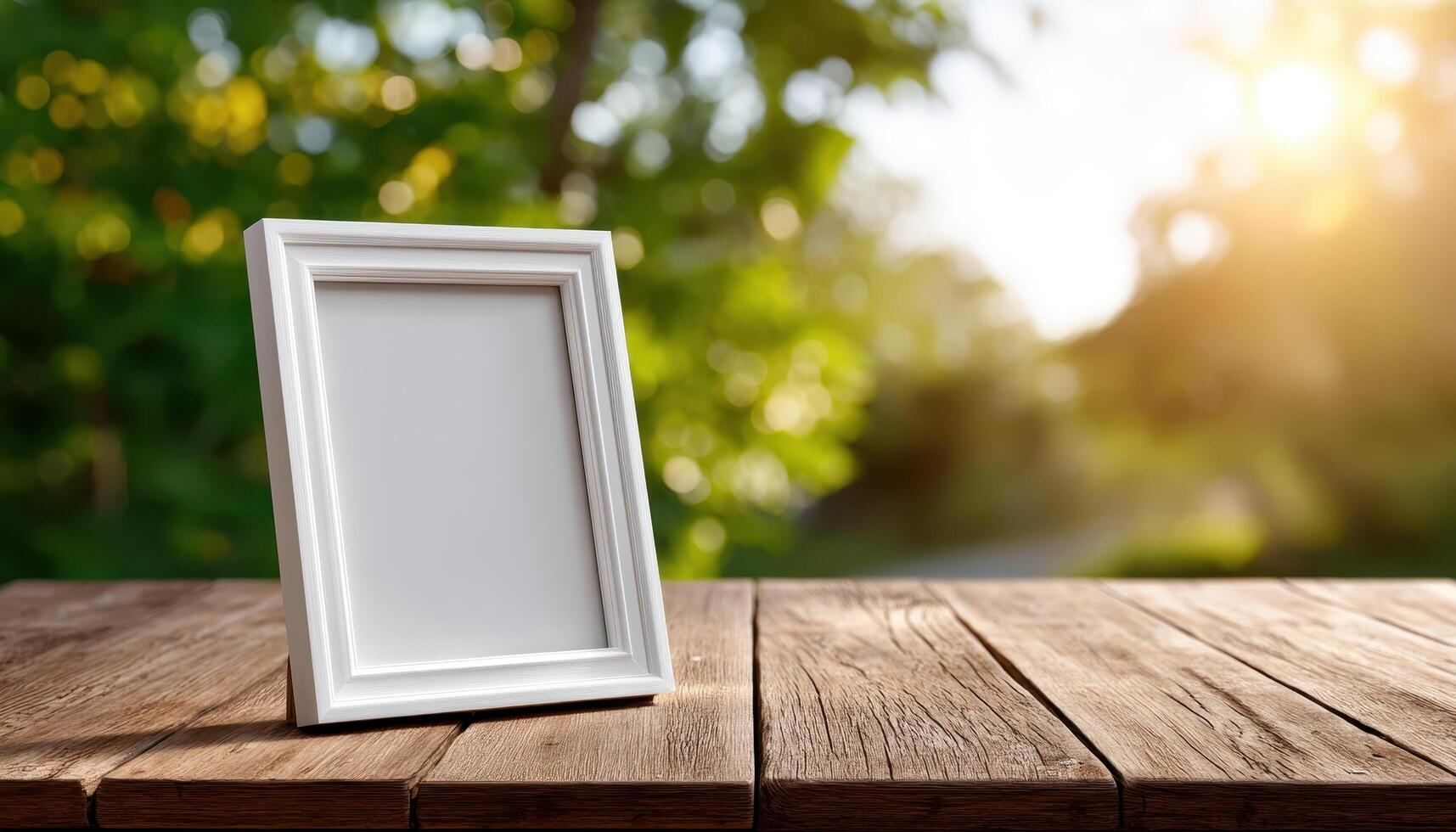 Empty picture frame on rustic wooden table in serene outdoor setting capturing light and nature photo