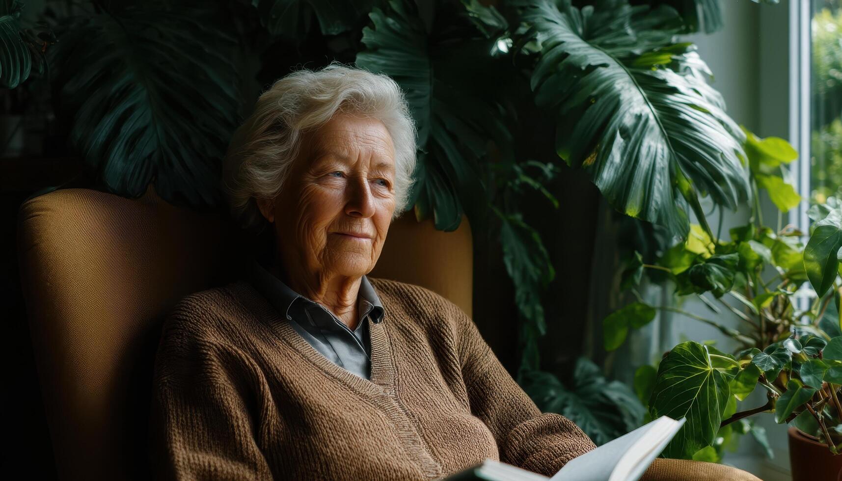 Senior woman reading in cozy living room surrounded by plants natural light relaxing atmosphere photo