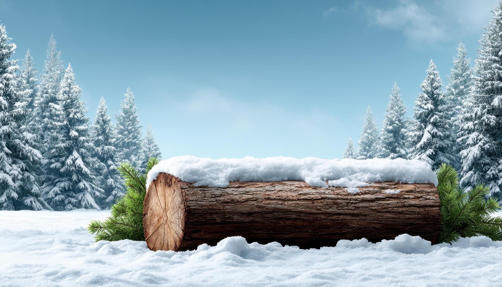 Winter scene featuring a snow-covered log amidst evergreen trees outdoor landscape tranquil environment photo