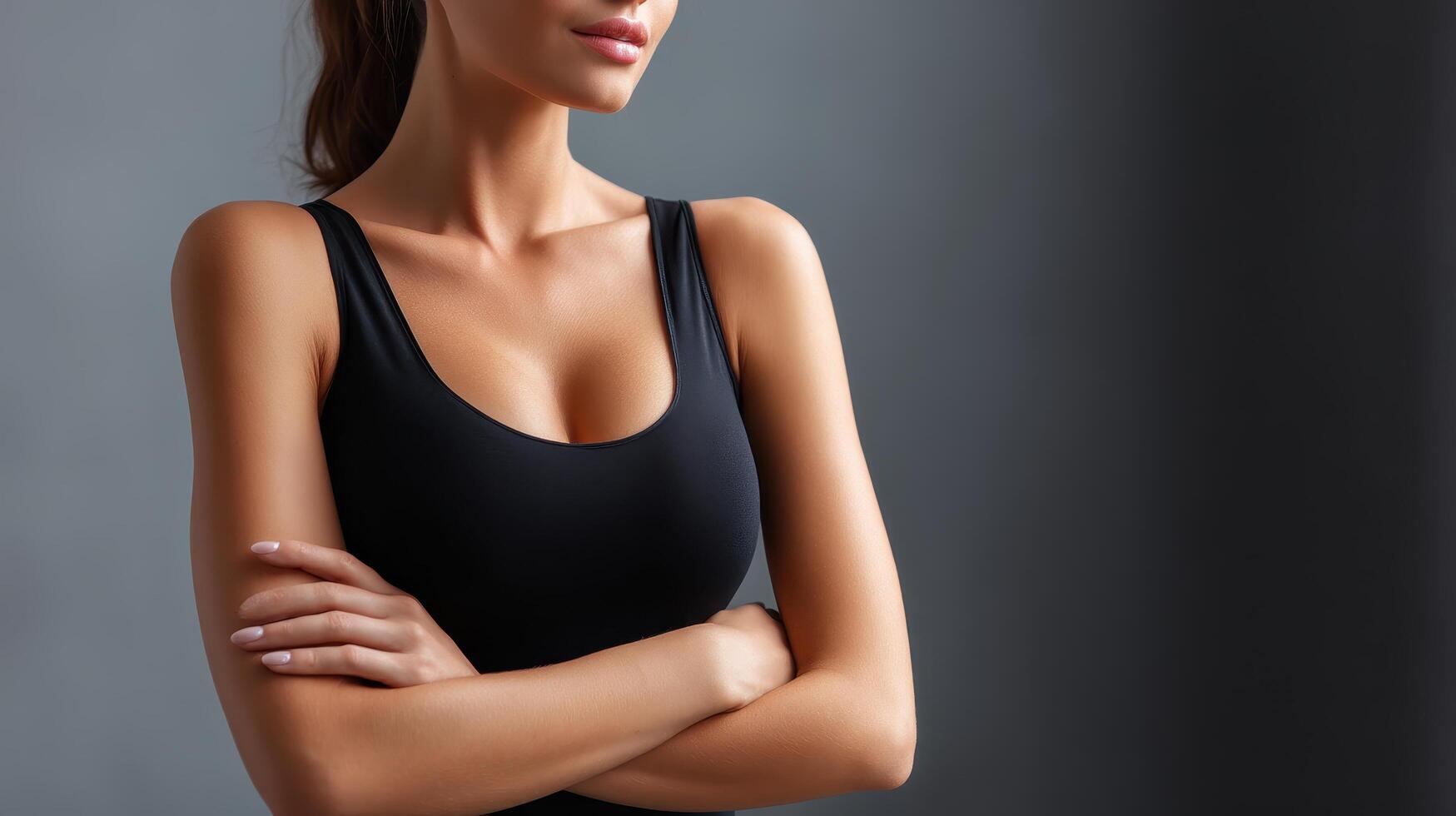 Confident woman posing in black outfit studio setting portrait photography soft lighting empowerment photo