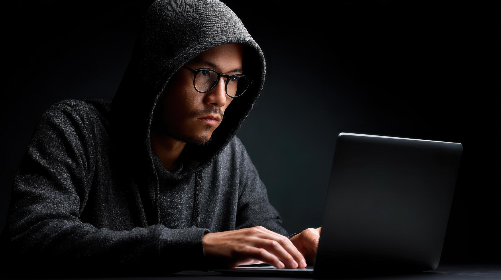 Cybersecurity action hacker at work in dark environment technology content intense focused view photo