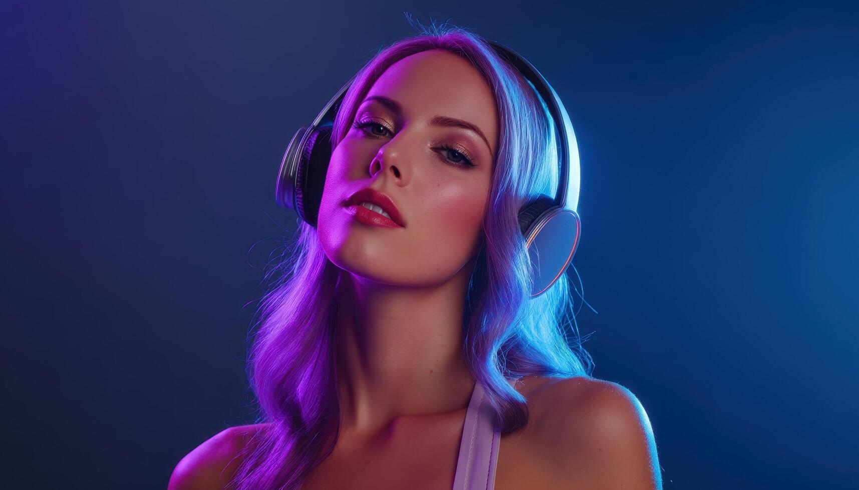 Music appreciation event featuring a woman with headphones in a colorful studio environment photo