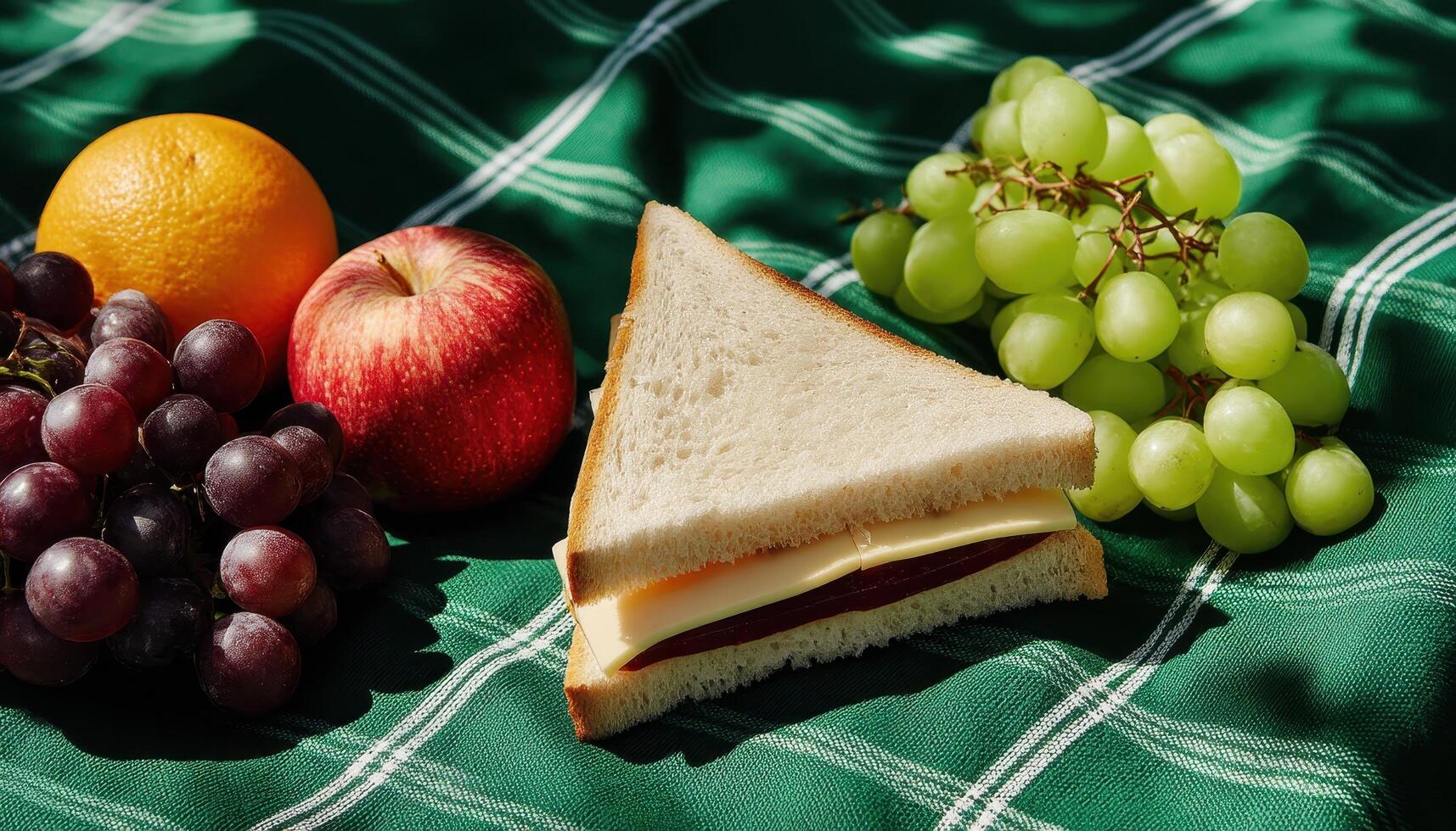 Picnic delight fresh sandwich and fruits on green checkered cloth outdoor setting vibrant composition photo