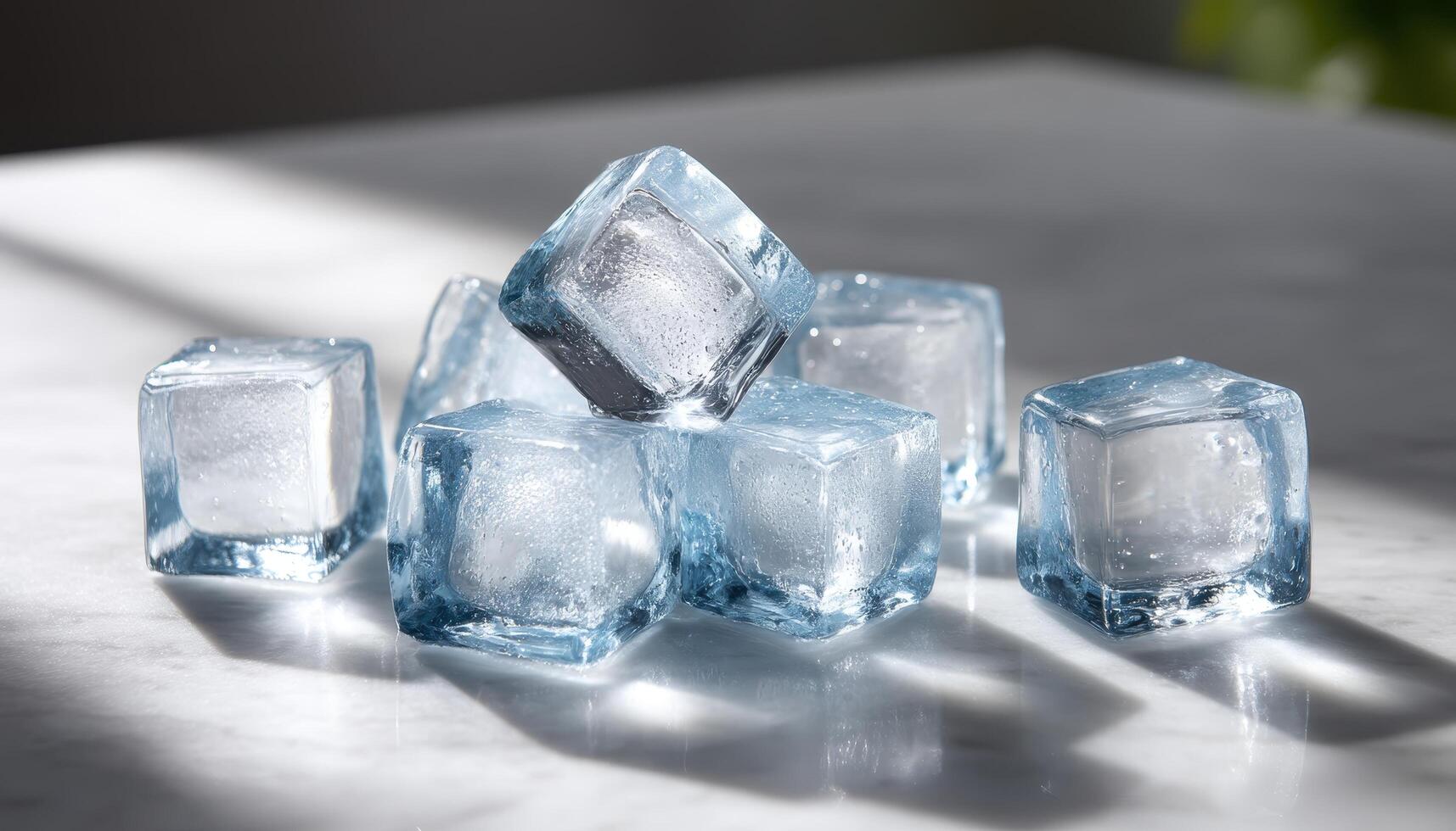 Refreshing ice cubes on a marble table kitchen setting high-quality photo bright lighting