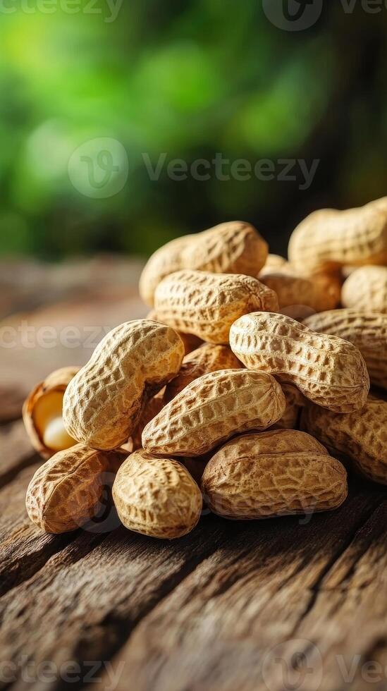 Close-up of a Pile of Peanuts on Rustic Wooden Table photo