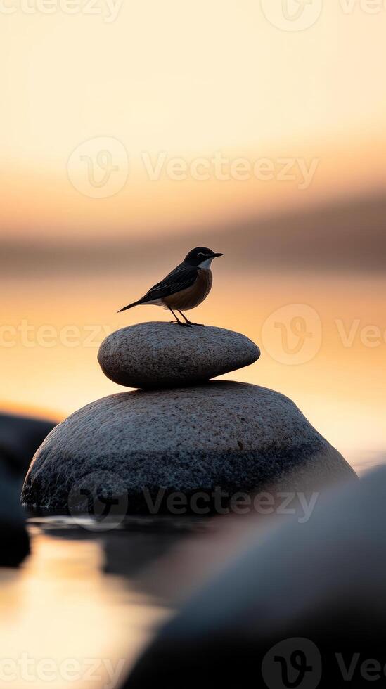 A Bird Perched on Stones at Sunset photo