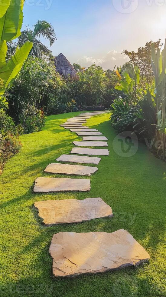 Serene Stone Pathway in a Lush Tropical Garden photo