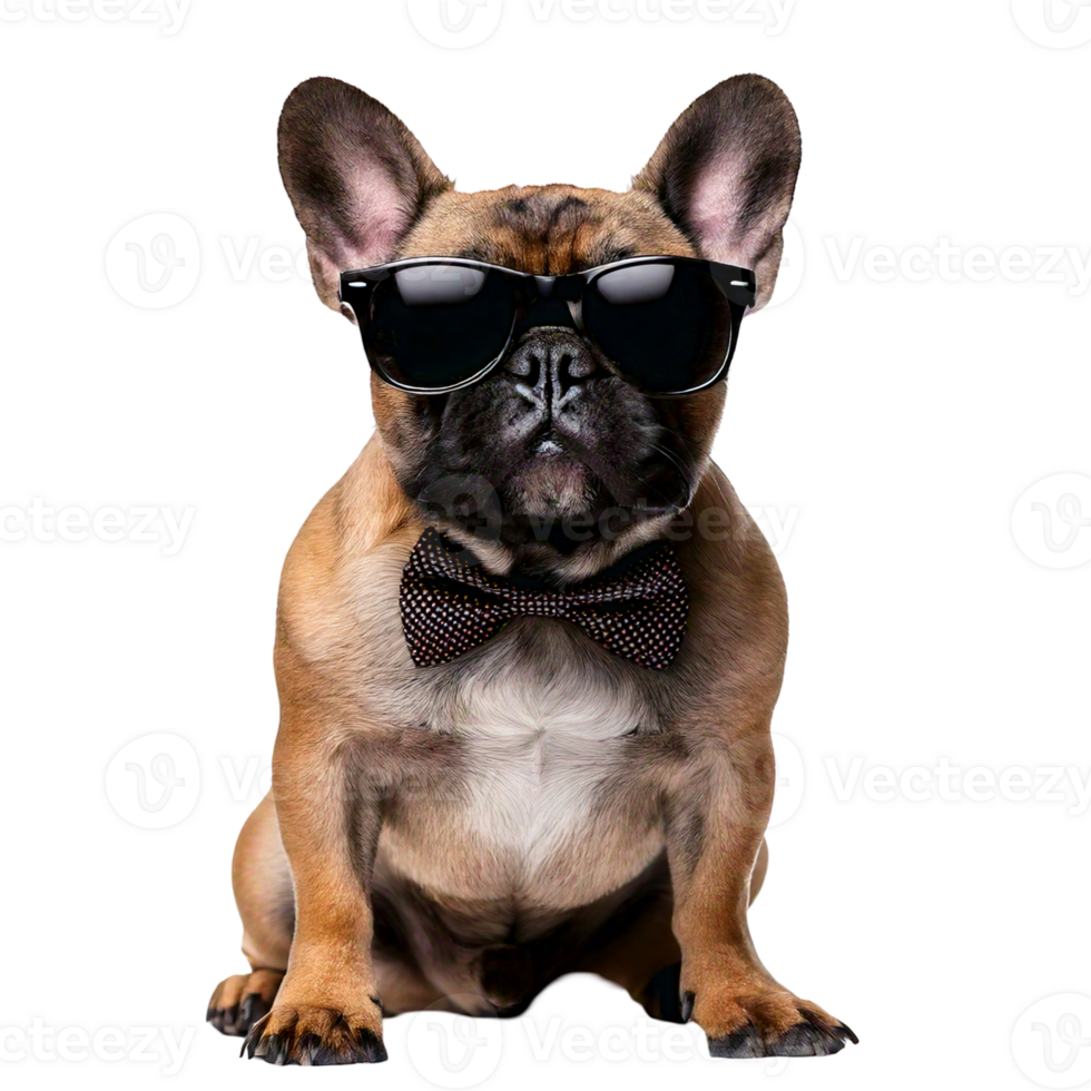 A cute French bulldog wearing sunglasses and a cute bowtie png