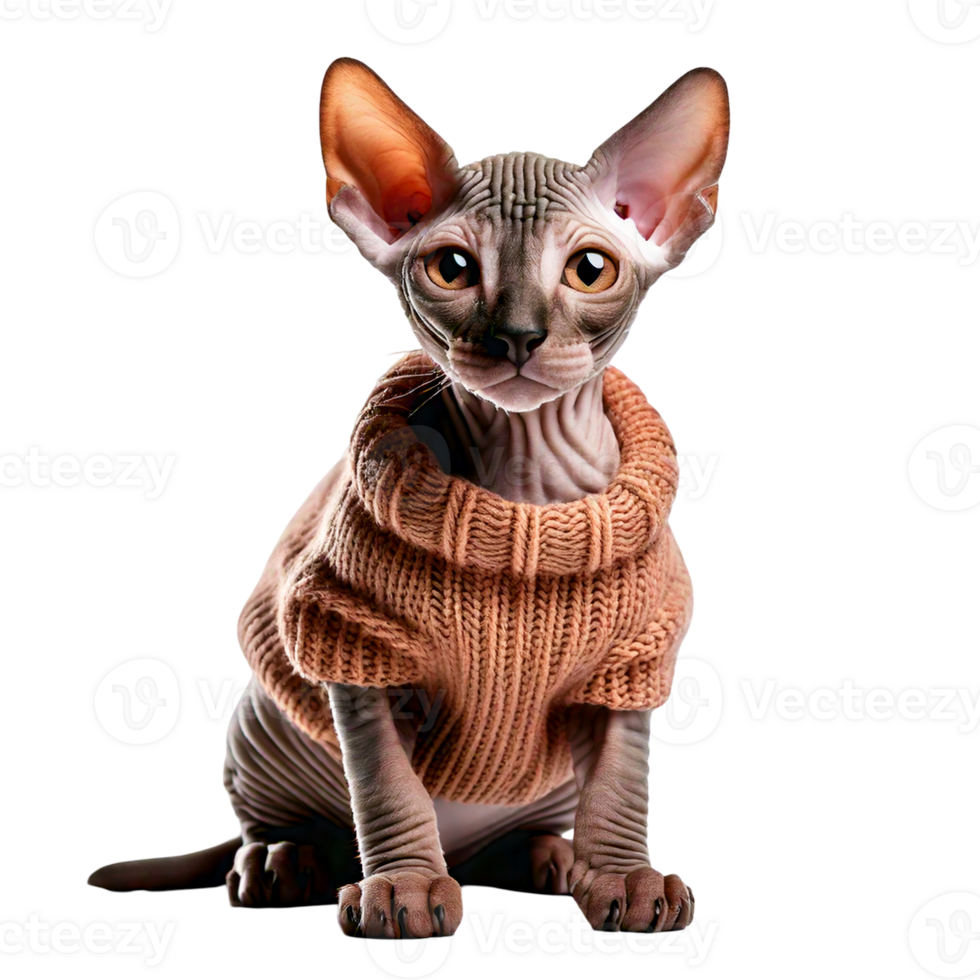 A playful Sphynx cat wearing a tiny sweater, looking cozy. png