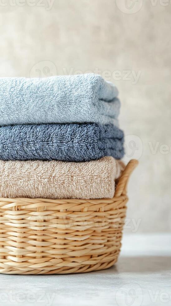 Stack of Towels in a Wicker Basket - Simple Home Organization photo