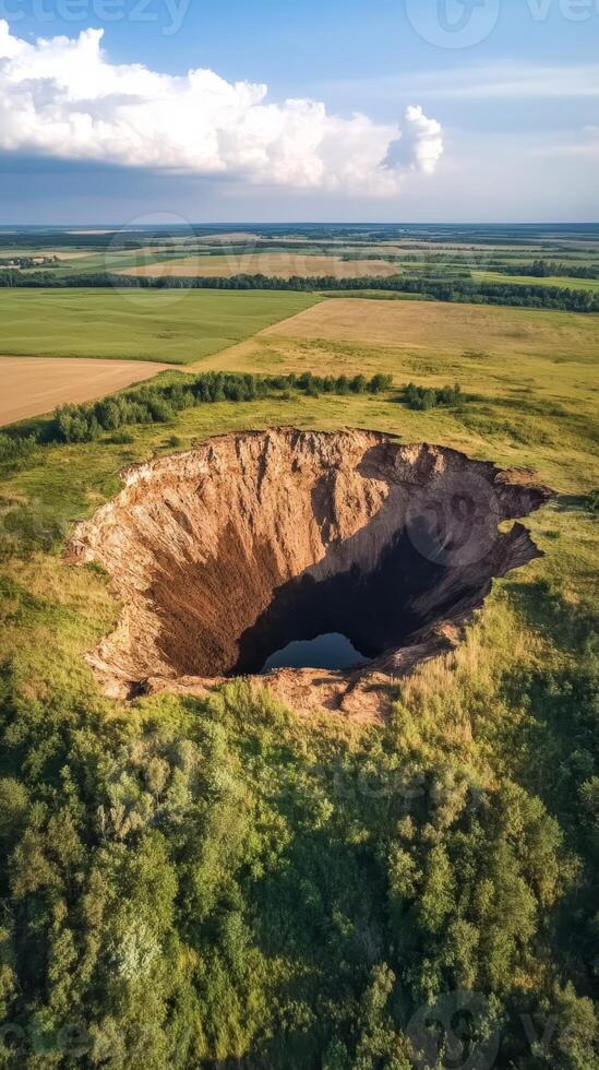 Enigmatic Sinkhole in a Lush Landscape A Breathtaking Aerial View photo