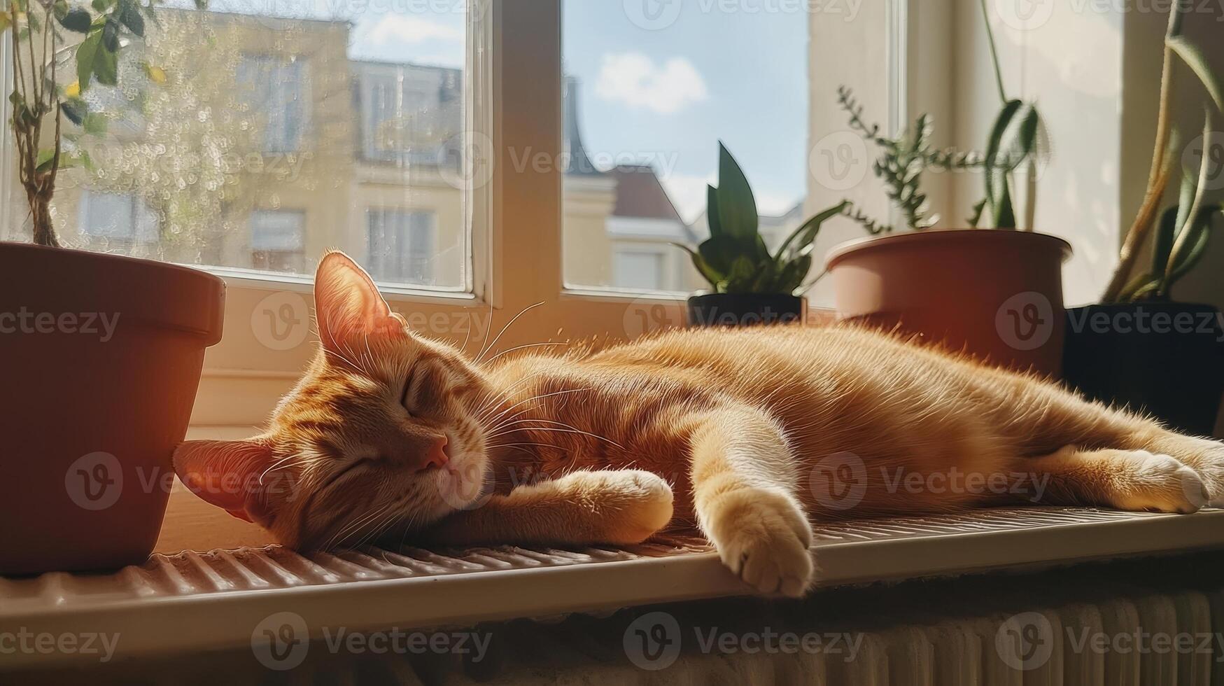 Ginger Cat Sleeping on Windowsill, Sunny Day photo