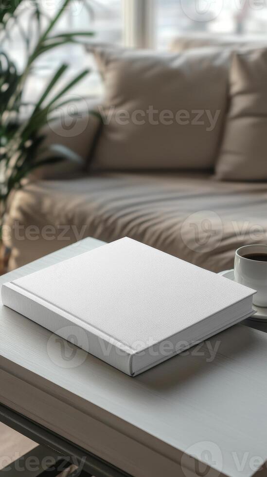 A Blank Book on a Stylish Coffee Table in a Modern Home photo