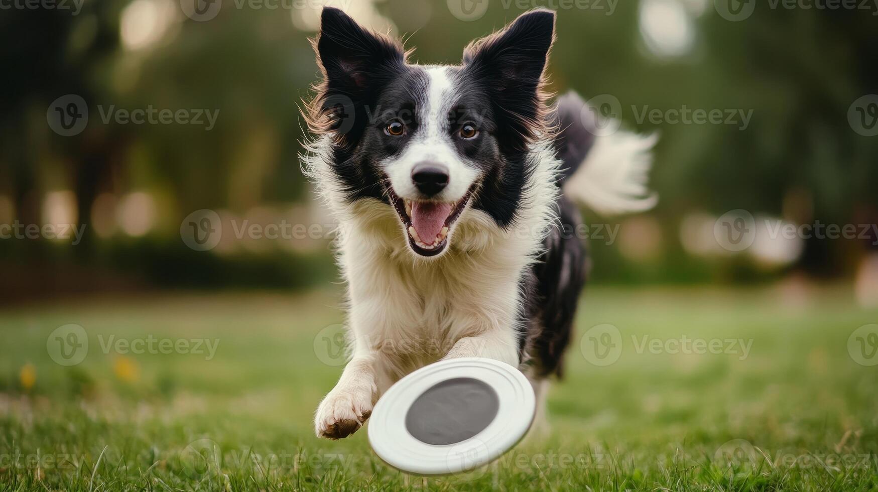 Happy Border Collie Fetching a Frisbee in a Park photo