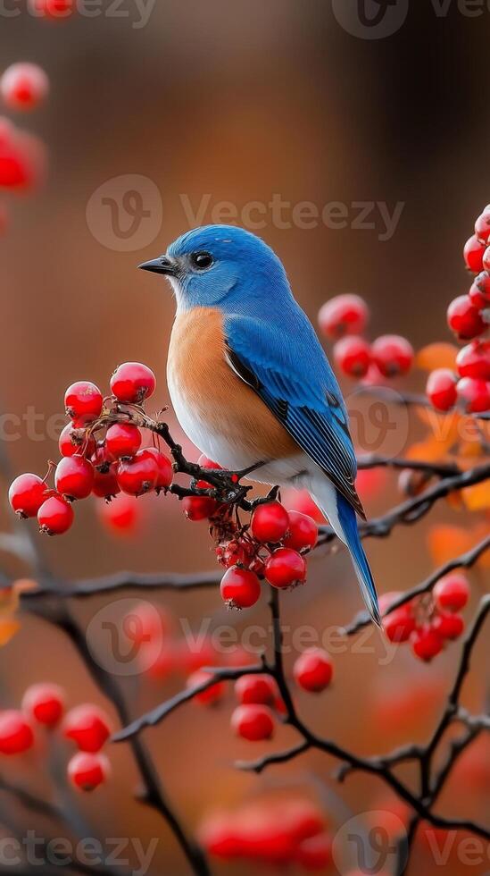 Stunning Blue Bird Perched on Autumn Berries photo