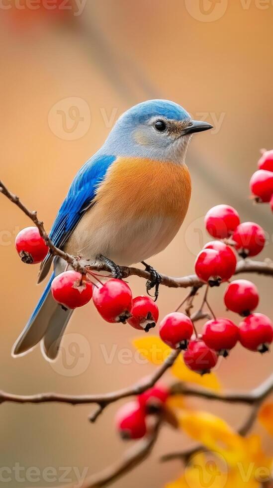 Stunning Blue Bird on Autumn Berries photo