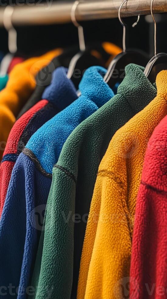 Colorful Fleece Jackets on Display in a Store photo