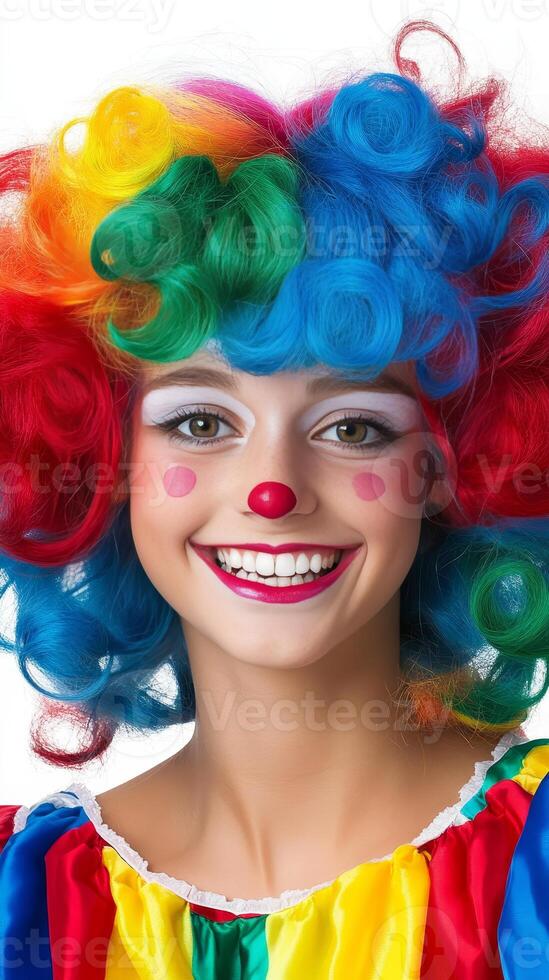 Joyful clown girl in a vivid costume photo