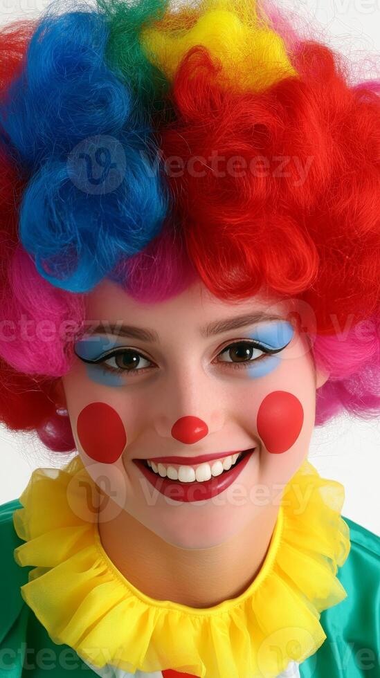 Happy clown girl in a bright costume photo