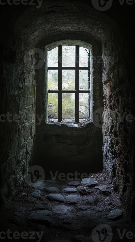 Mysterious Barred Window in an Ancient Stone Tunnel photo