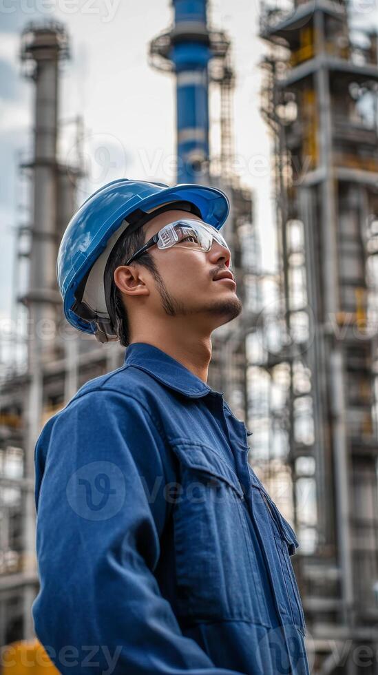 Dedicated Industrial Worker Overseeing a Refinery Complex photo