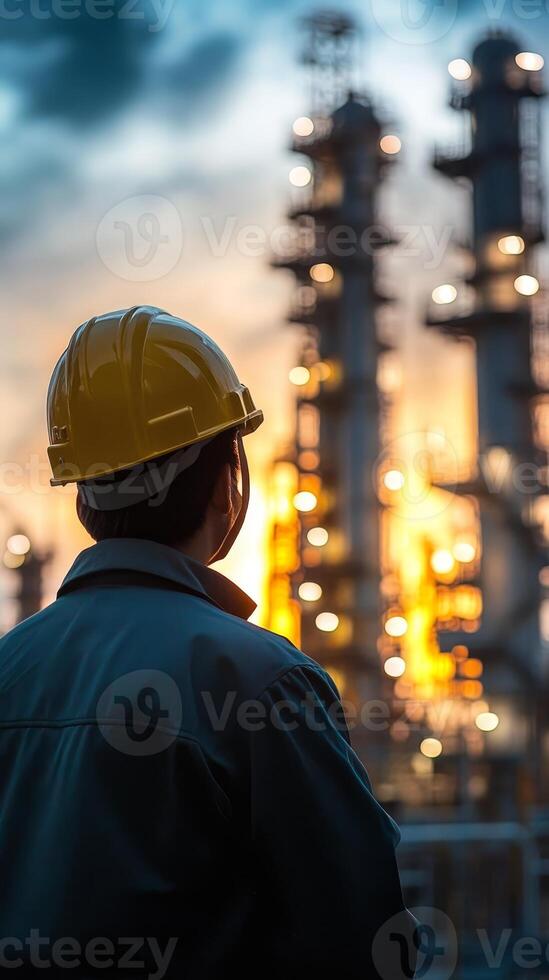 Industrial Worker at Sunset Oil Plant photo
